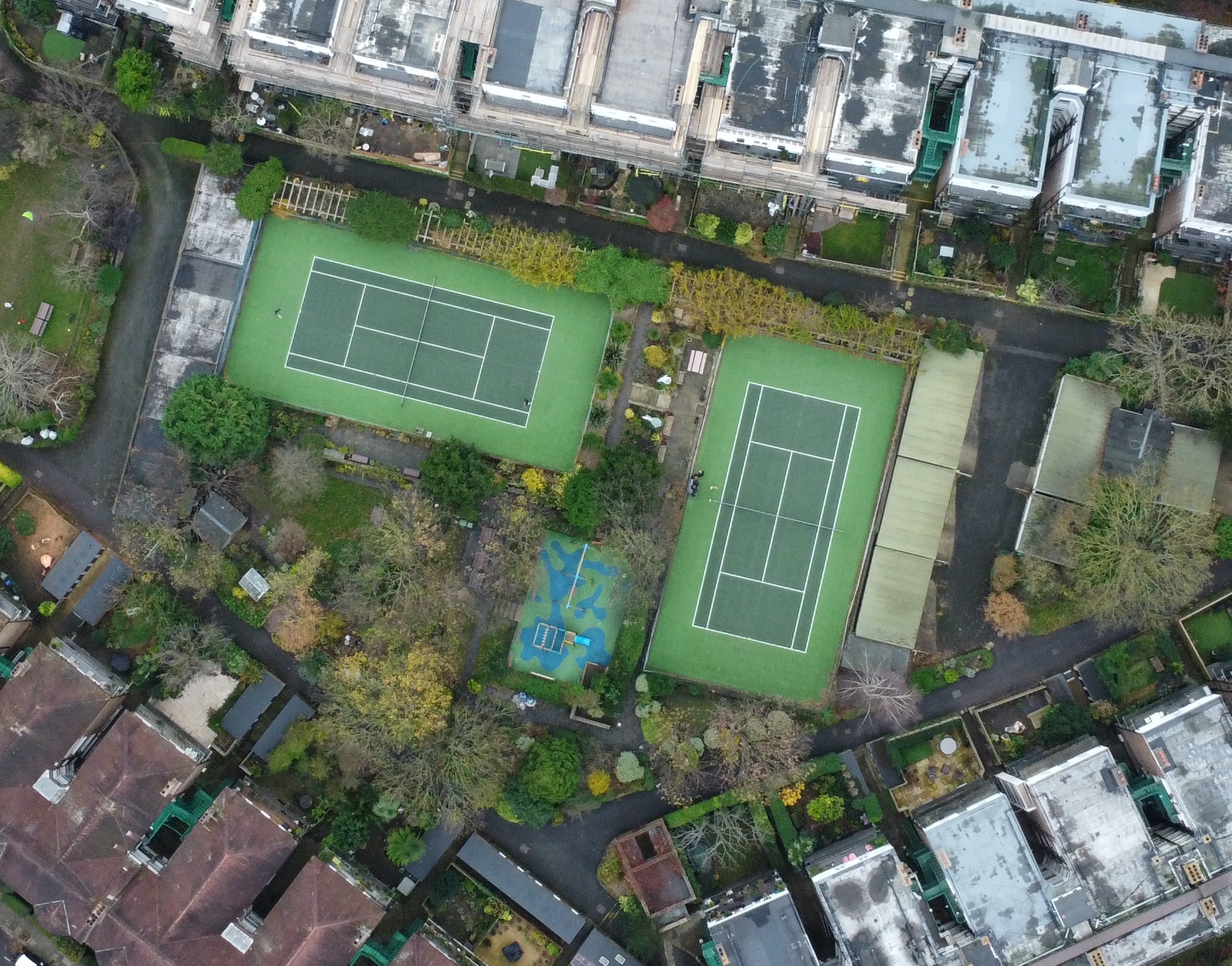 Aerial view of urban tennis courts